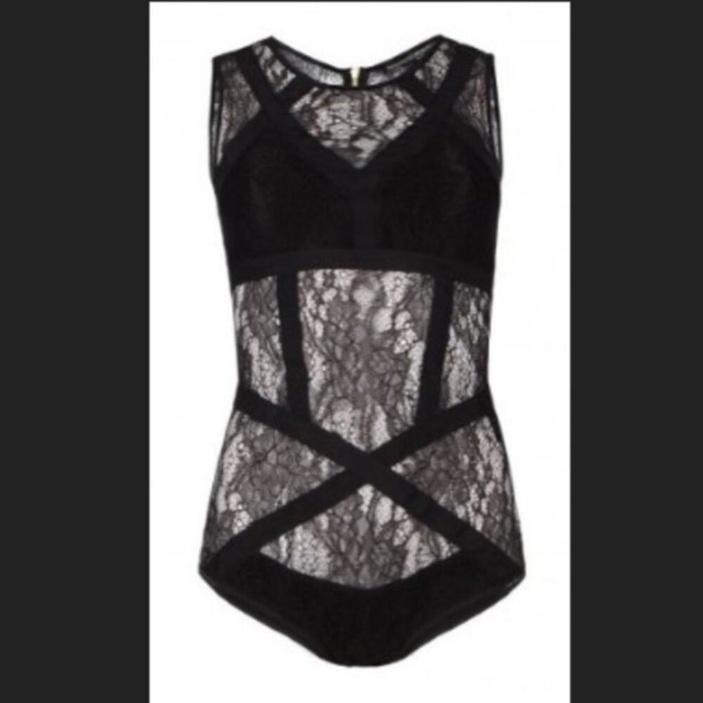 All Saints Neely Black Lace Sheer Sleeveless Bodysuit One Piece Top Size 0